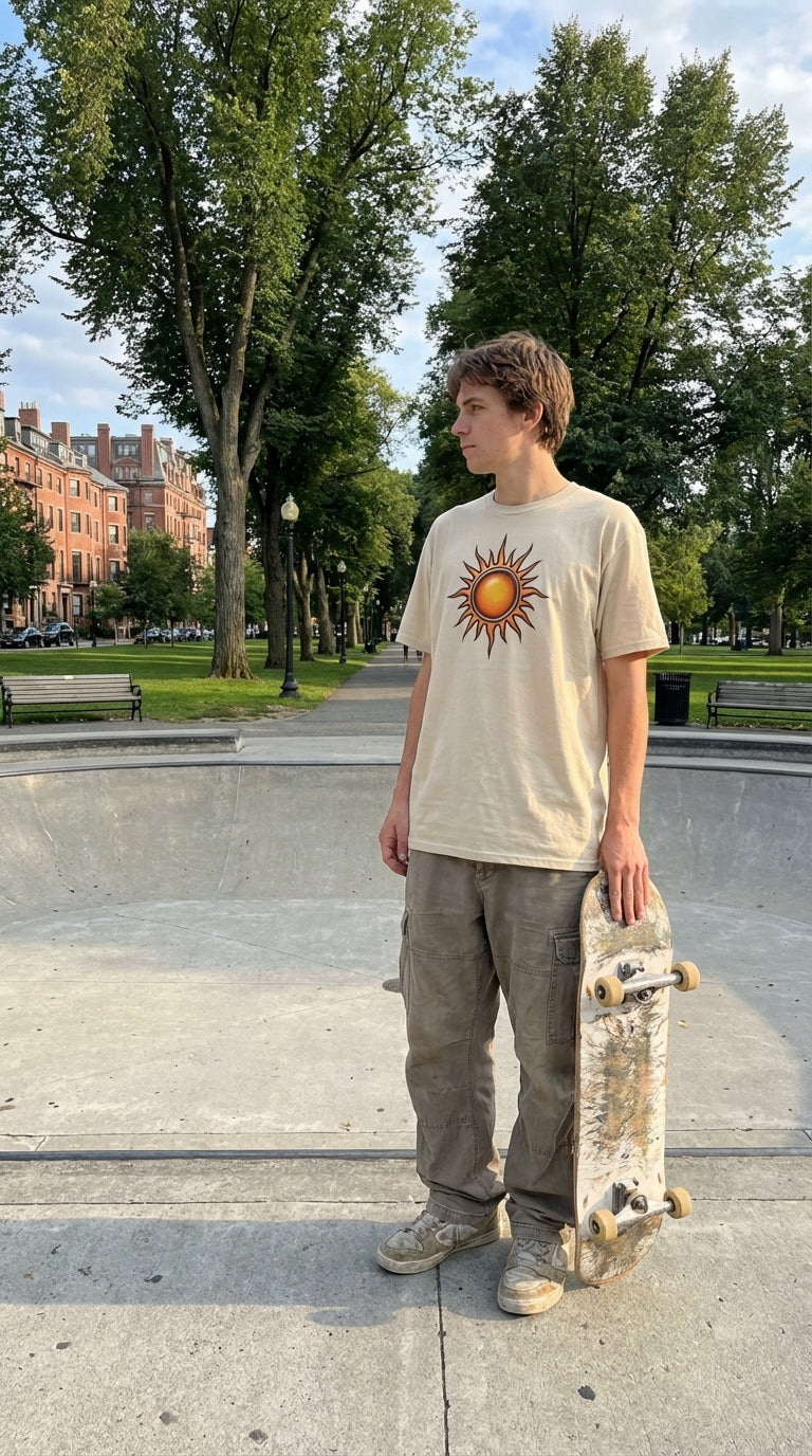 A young man in a tan t-shirt with a sun graphic stands in a skatepark holding a skateboard.