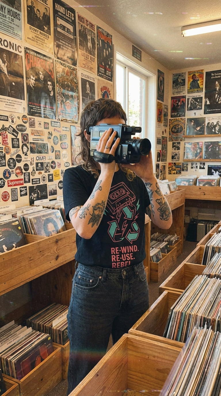 Person with tattoos holds a vintage camcorder, wearing a black t-shirt with a cassette tape graphic and text.