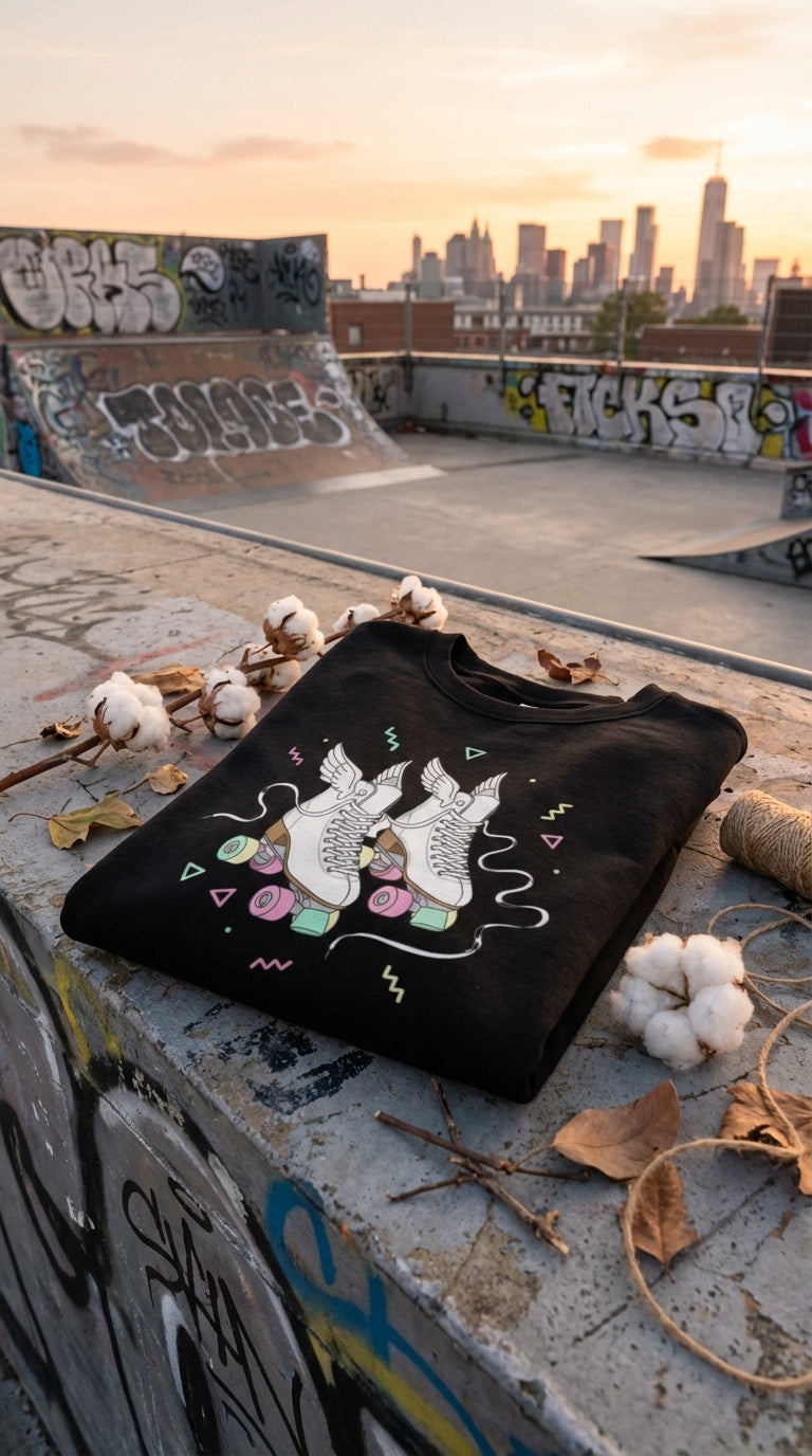 Black sweatshirt with winged roller skates graphic, placed on concrete with cotton bolls and dried leaves.