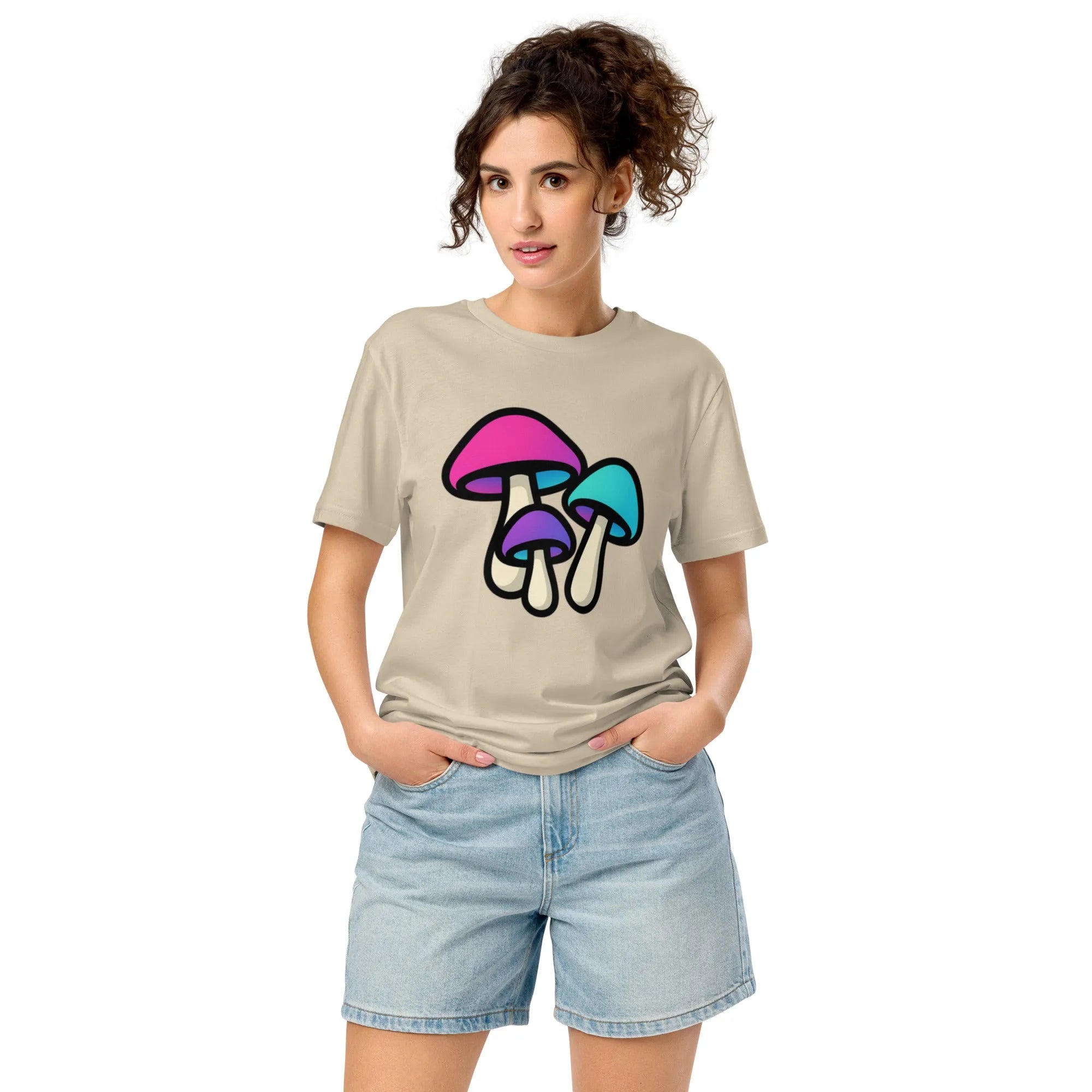 A single neon mushroom, glowing electric blue, sits on a workbench under harsh, direct light. A faint scratch mars its cap.