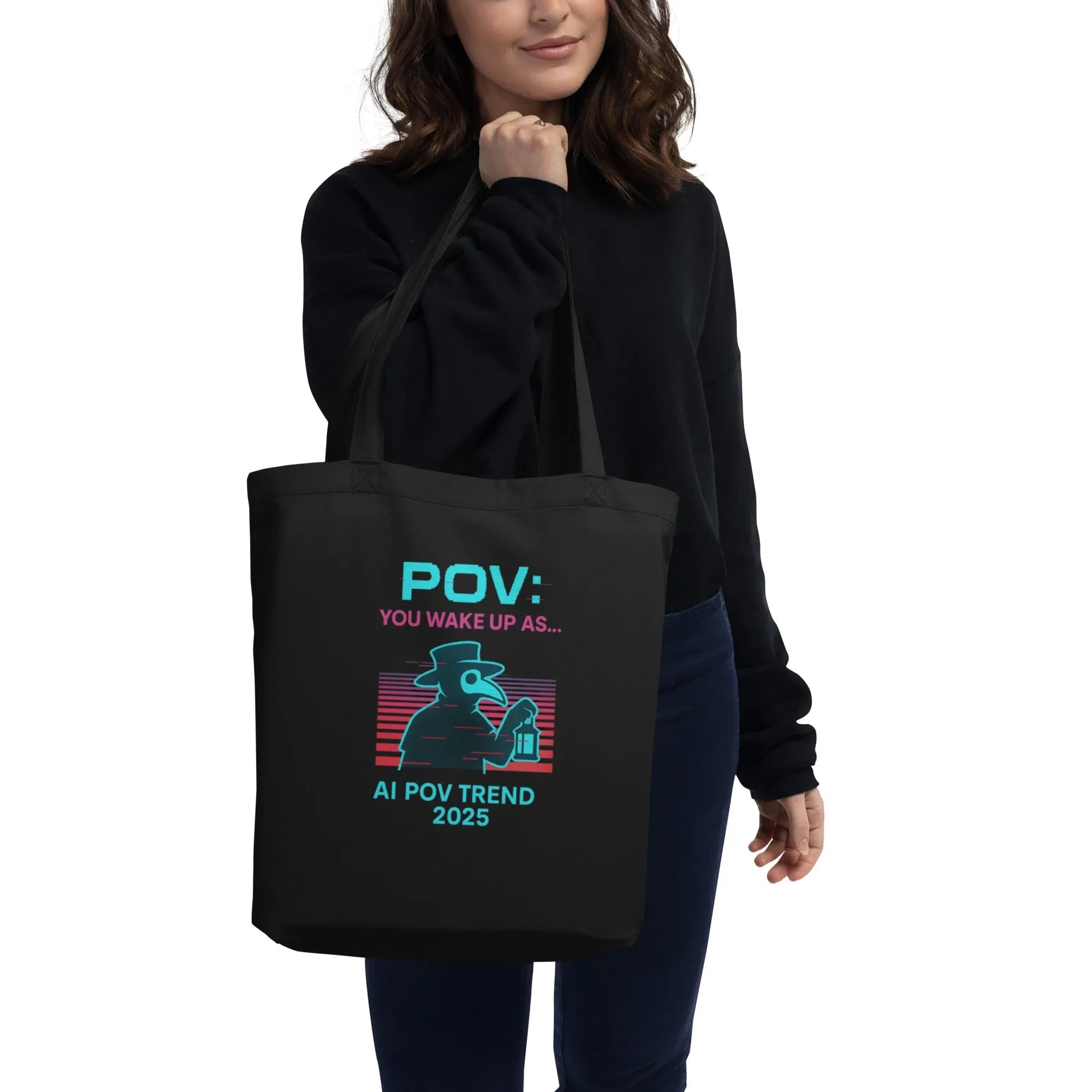 A faded, worn canvas tote bag with a single loose thread dangling from the strap, illuminated by a stark, overhead light.