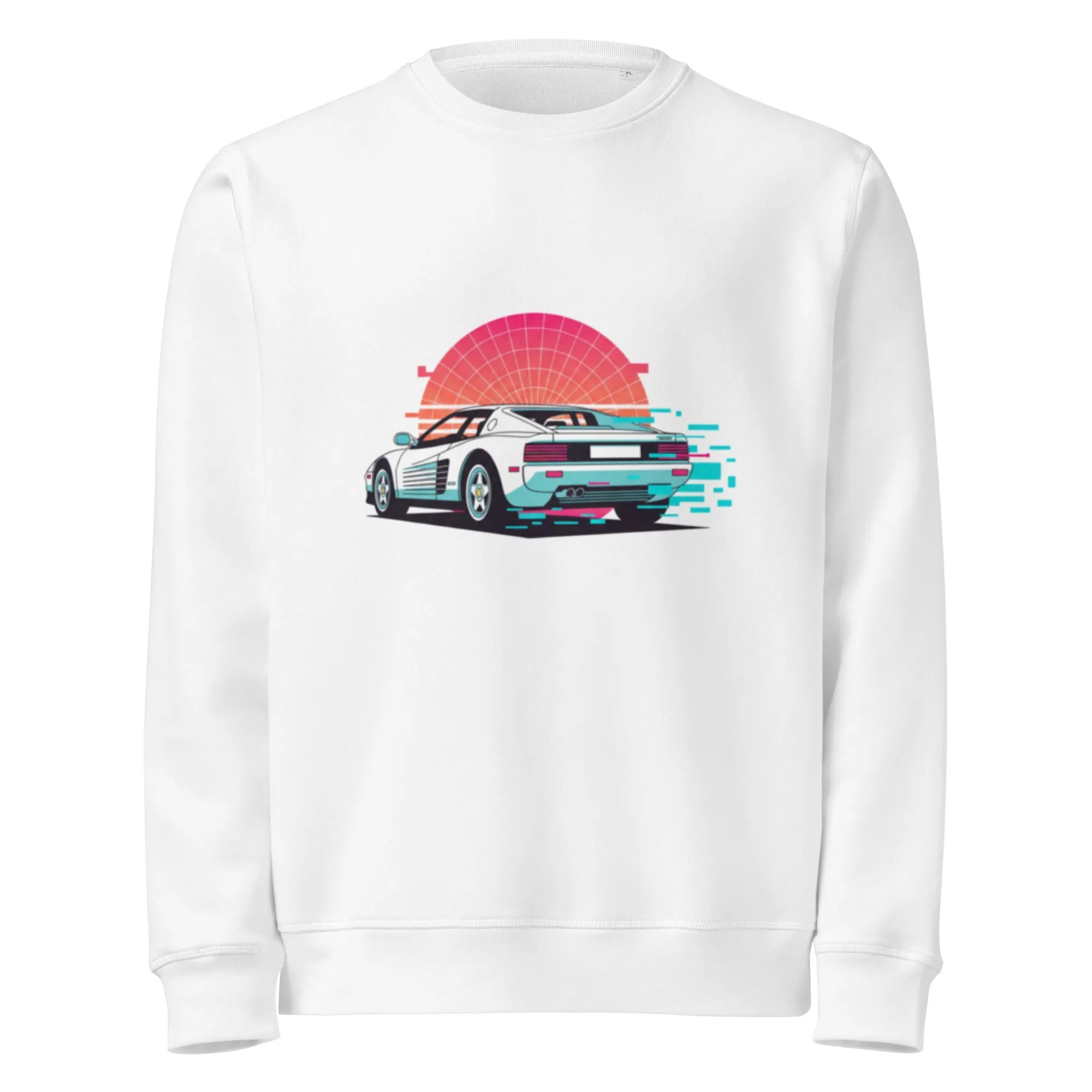 A vintage 80s sports car, bathed in neon light, with a subtle film grain.