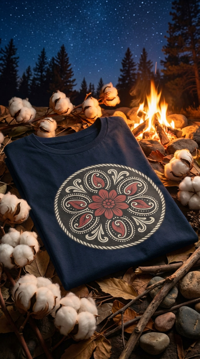 Paisley rosette tee with faded indigo dye, a loose thread near the collar, under dim, warm light.
