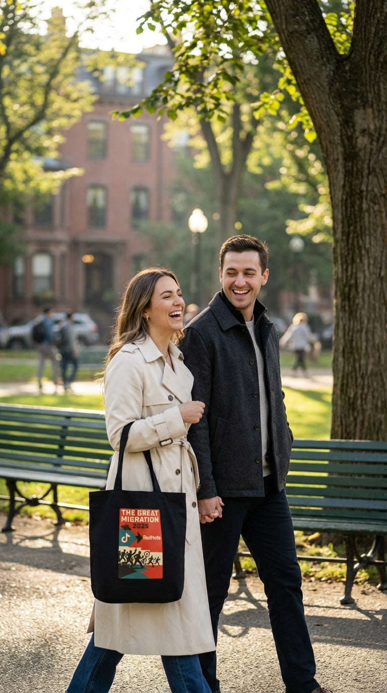 A couple walks hand-in-hand in a park, laughing. The woman carries a black tote bag with a graphic.