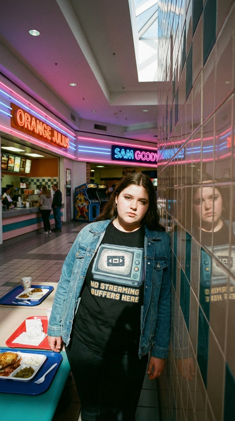 A young woman in a denim jacket and black t-shirt stands in a mall food court, reflected in a tiled wall.