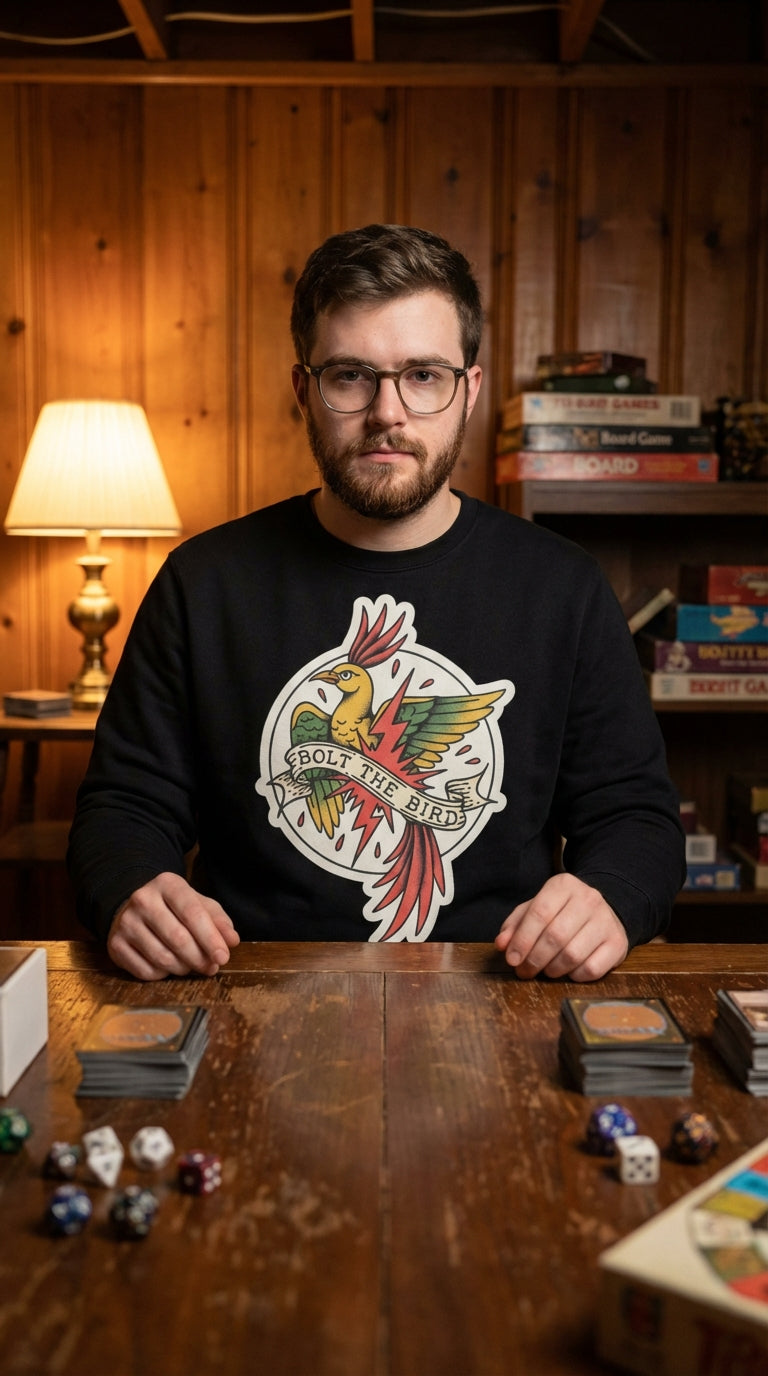Man wearing a black sweatshirt with a bird graphic, sitting at a wooden table with dice and card games.