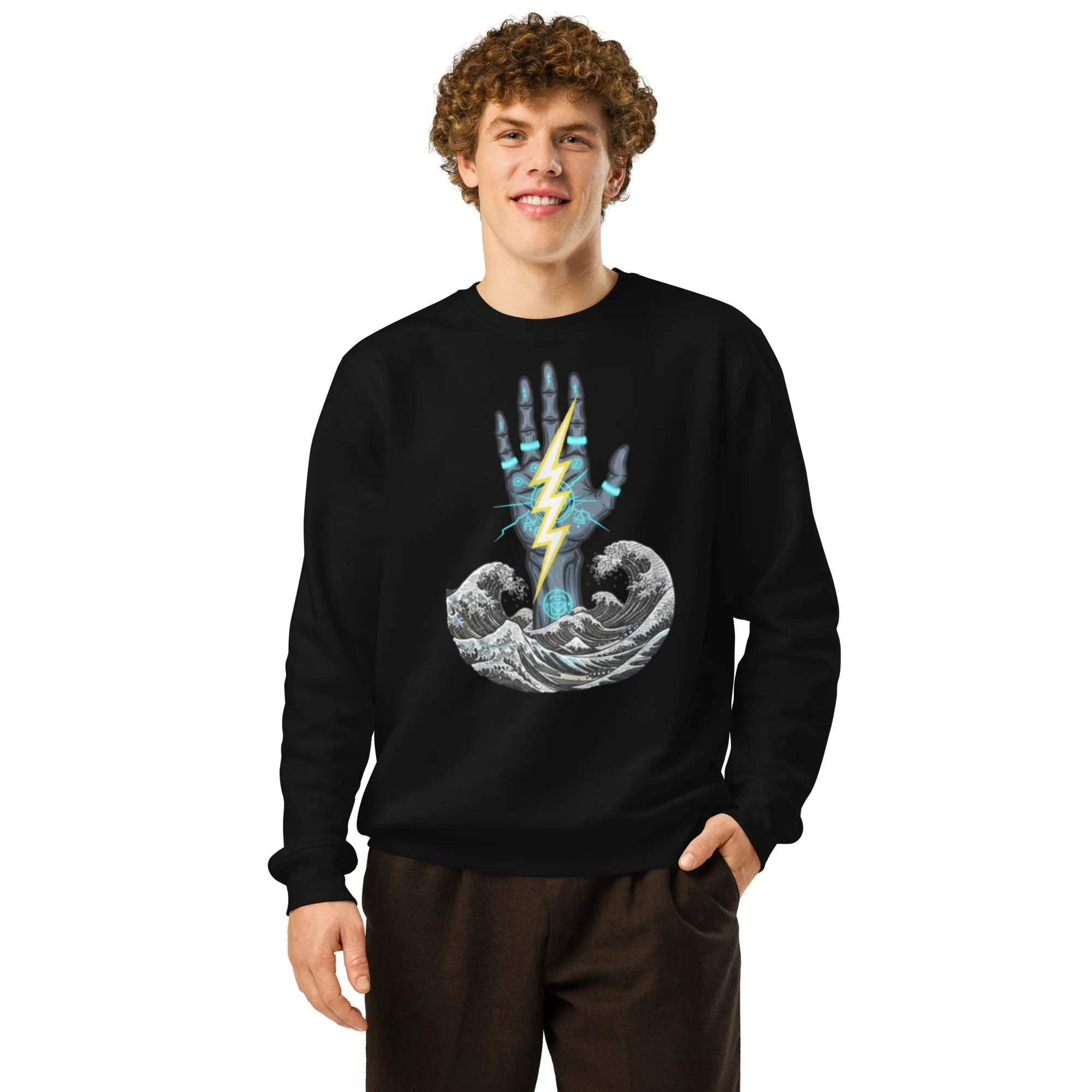 Close-up of a charcoal grey organic cotton sweatshirt sleeve with a subtle, almost imperceptible grey wave pattern, lit by a 