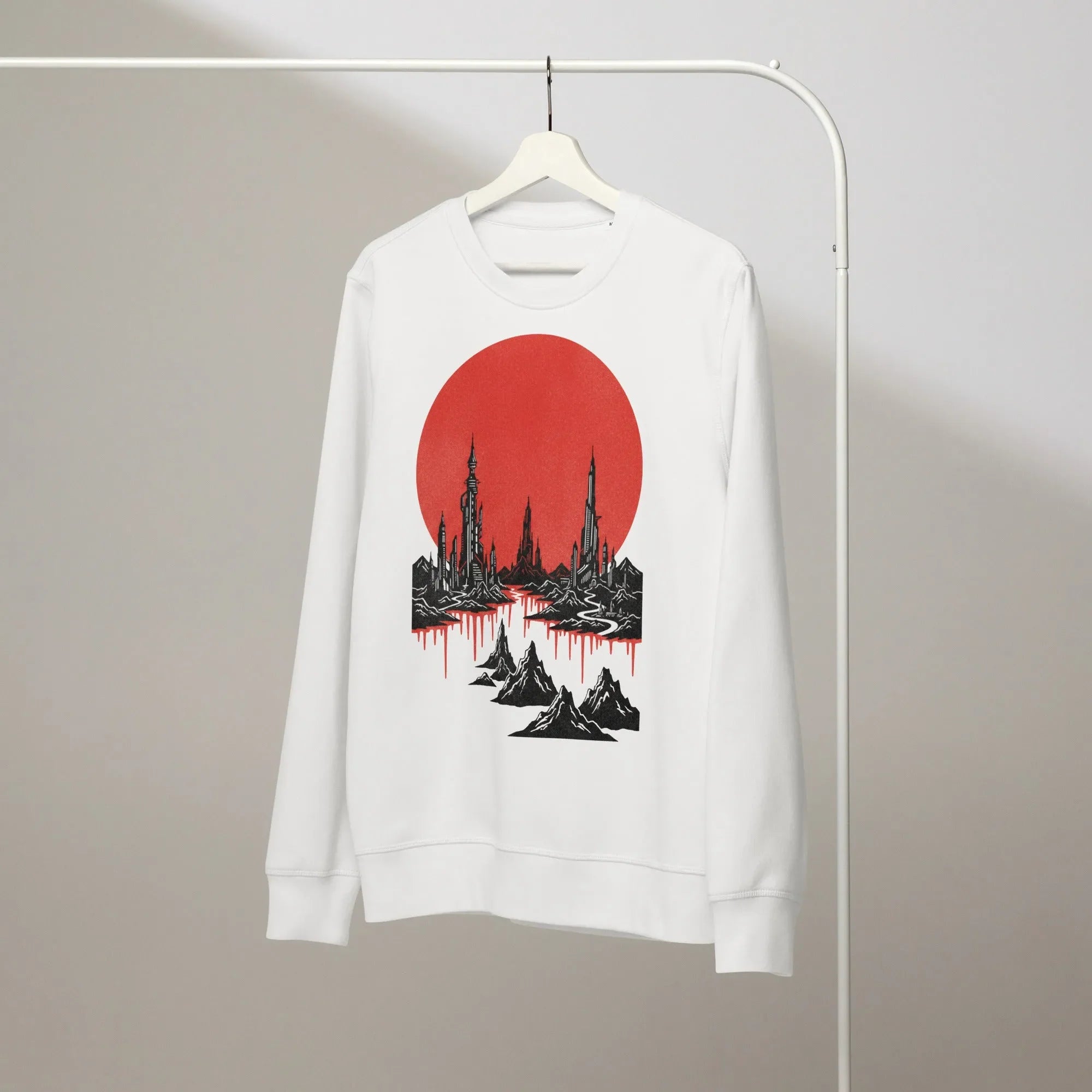 Crimson Rift sweatshirt hangs, shadow-draped, a single thread loose near the cuff. Warm amber light.