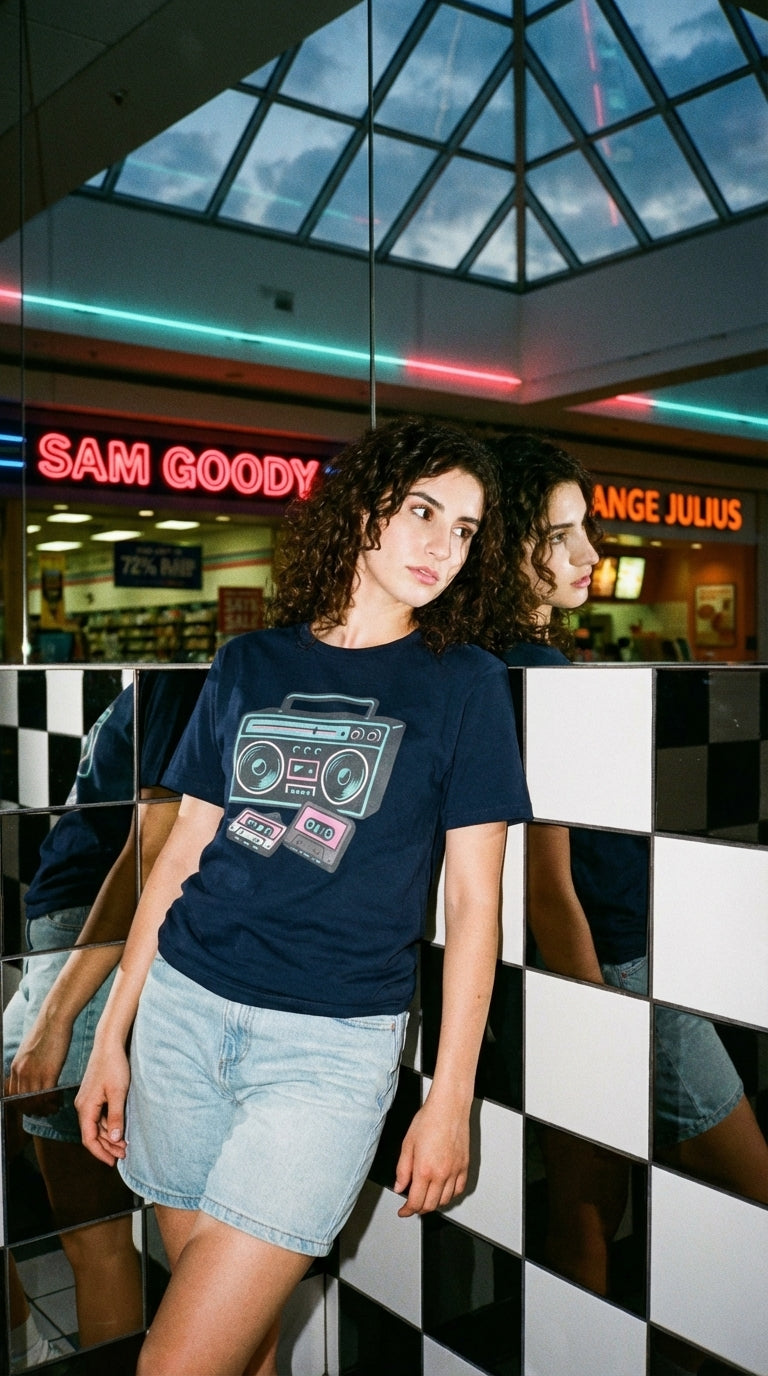 A young woman in a navy t-shirt with a boombox graphic leans against a mirrored wall in a mall.