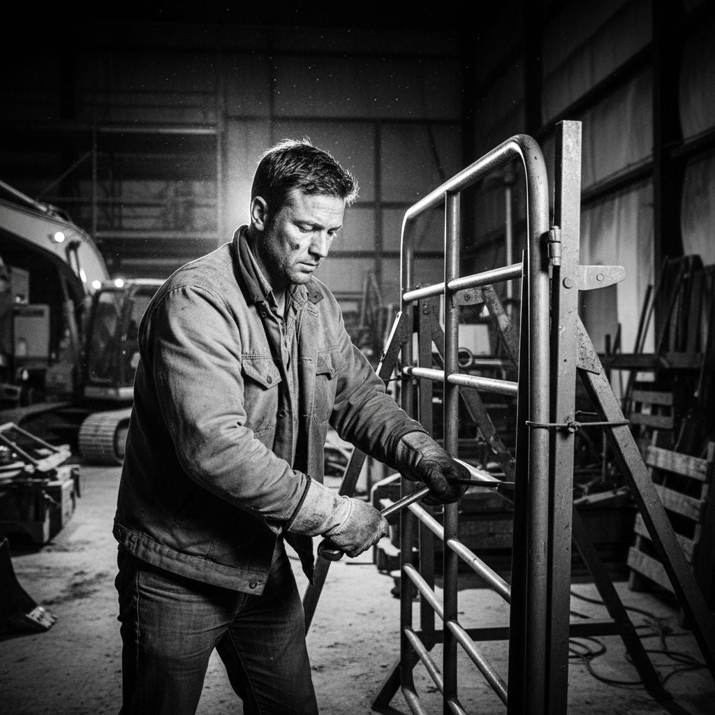 Professional construction worker looking over a job site, wearing durable workwear.