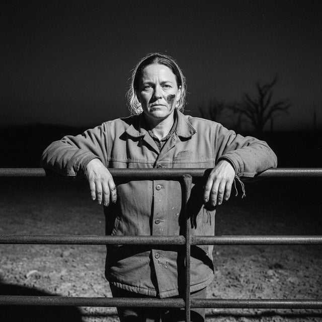 Rancher looking over fence line at dusk wearing organic workwear