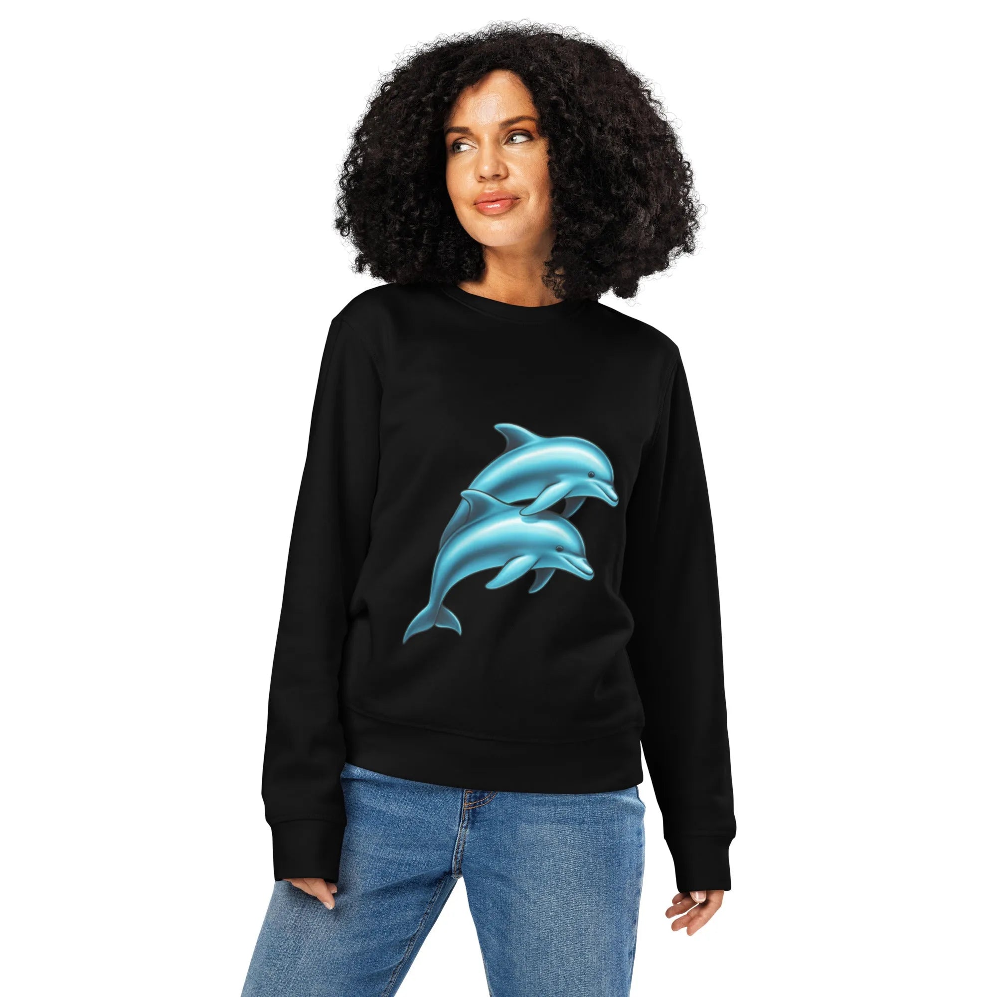 Close-up of a faded, well-loved dolphin crewneck sweatshirt with a single loose thread near the collar.