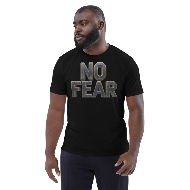 Man wearing a black t-shirt with "NO FEAR" printed in distressed metallic letters.