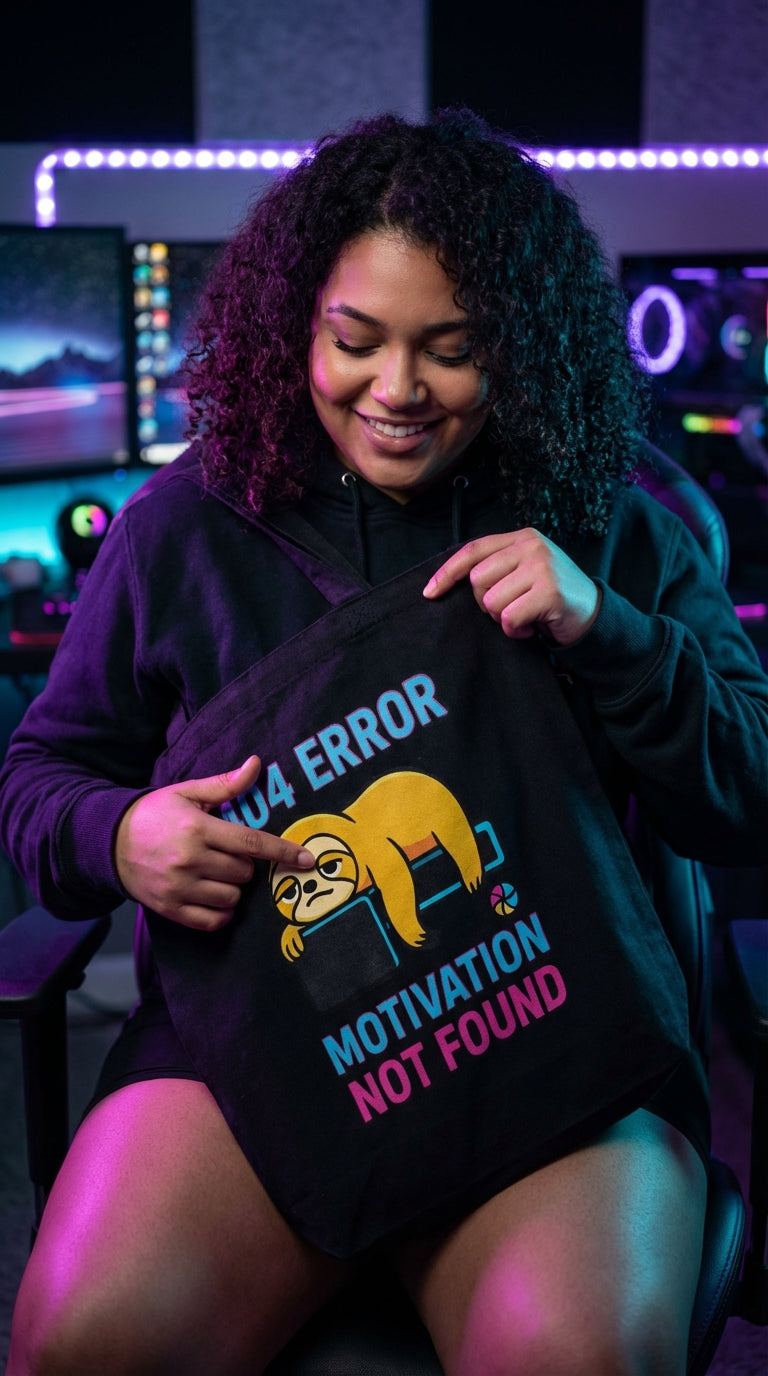 Woman holding a black tote bag with a sloth graphic and text.