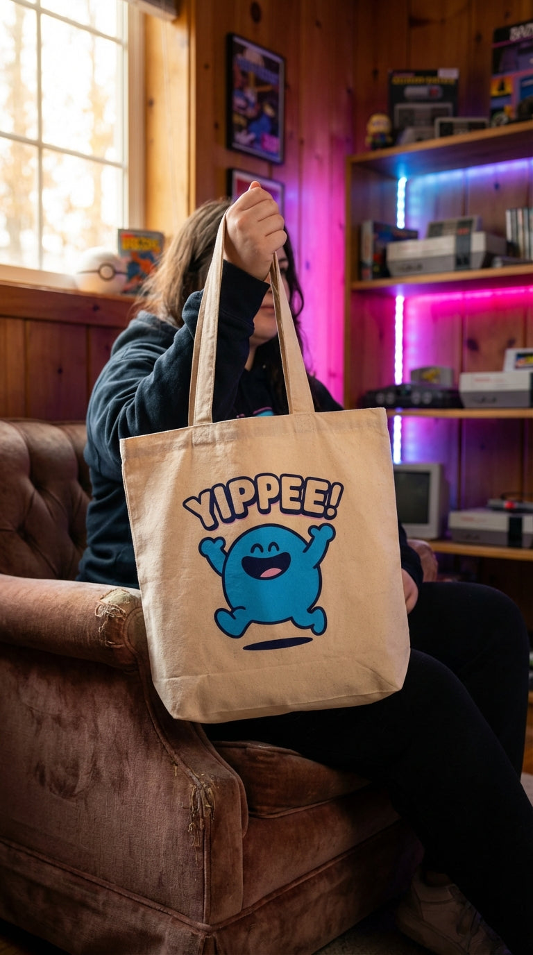 A person holds a tan canvas tote bag with a blue cartoon character and the word YIPPEE! printed on it.