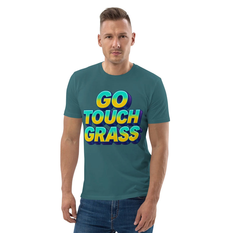 A PETA-Approved Vegan 'Go Touch Grass' tee, sun-bleached and worn, with a single loose thread near the collar.