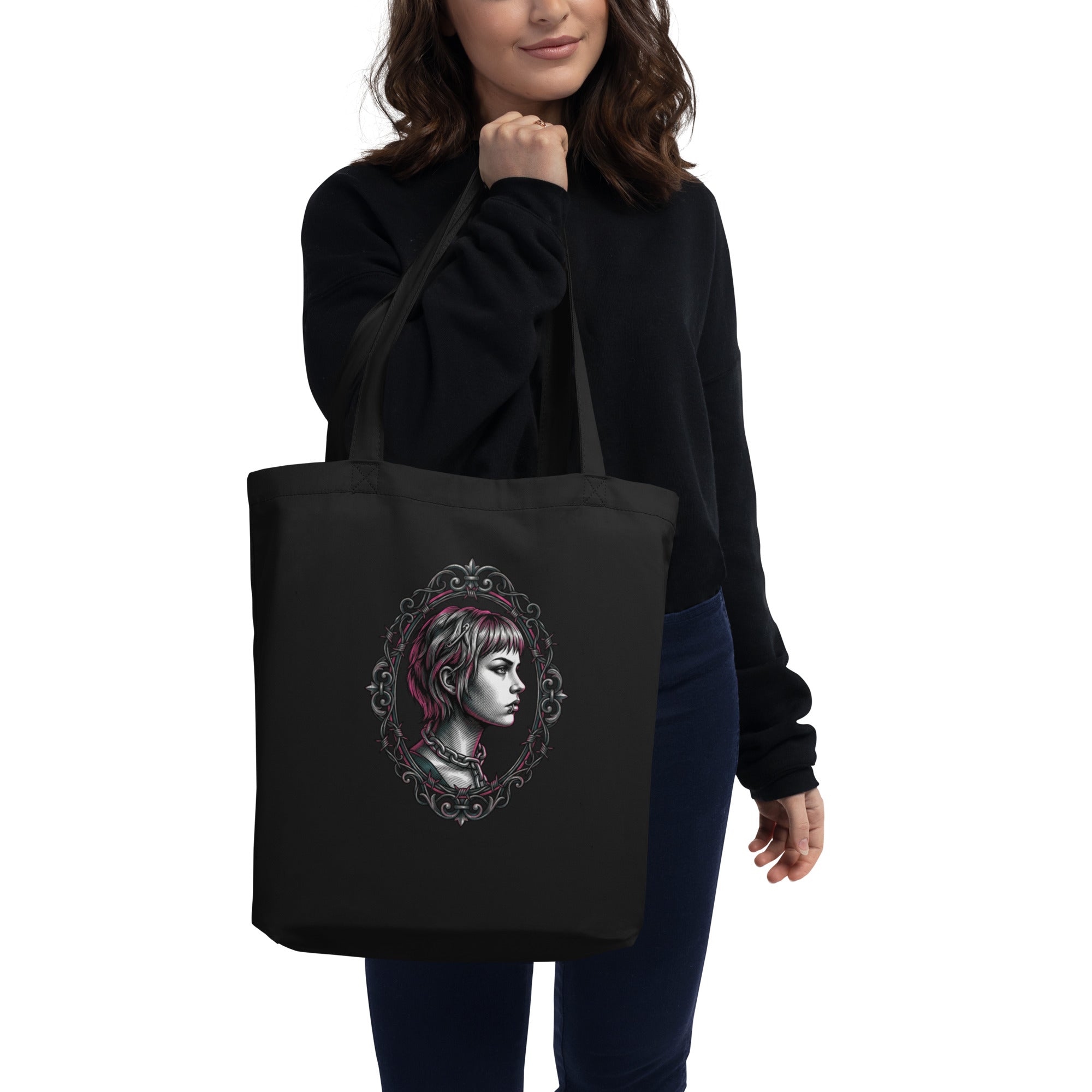 Black GOTS cotton tote bag, creased from storage, harsh overhead light.