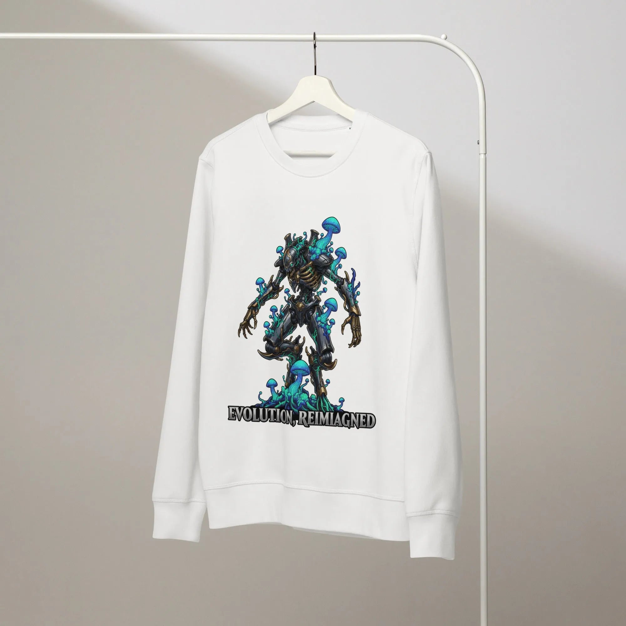 A heavy, unbleached cotton sweatshirt hangs on a rough-hewn wooden peg, lit by a single, stark overhead bulb.