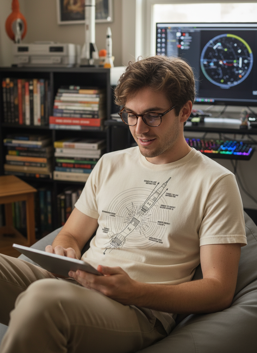 A man wearing a cream t-shirt with a Saturn V rocket blueprint graphic sits in a beanbag chair, looking at a tablet.