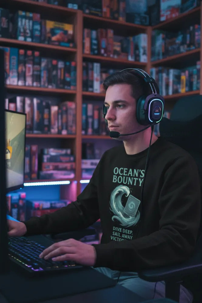 Close-up of a gamer's hands on a controller, wearing a soft, heathered grey sweatshirt. Harsh overhead light.