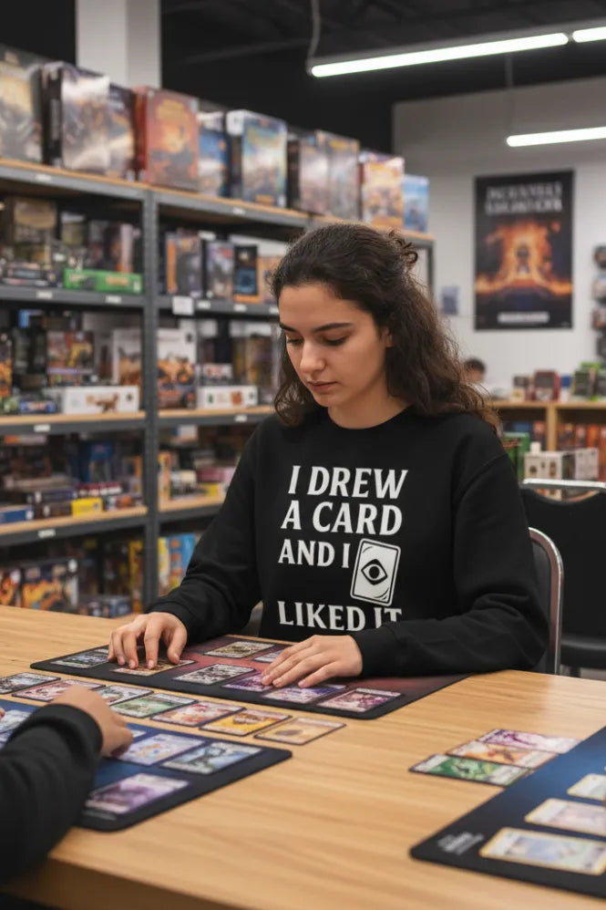 A young woman wearing a black sweatshirt with white text and a card graphic plays a card game.