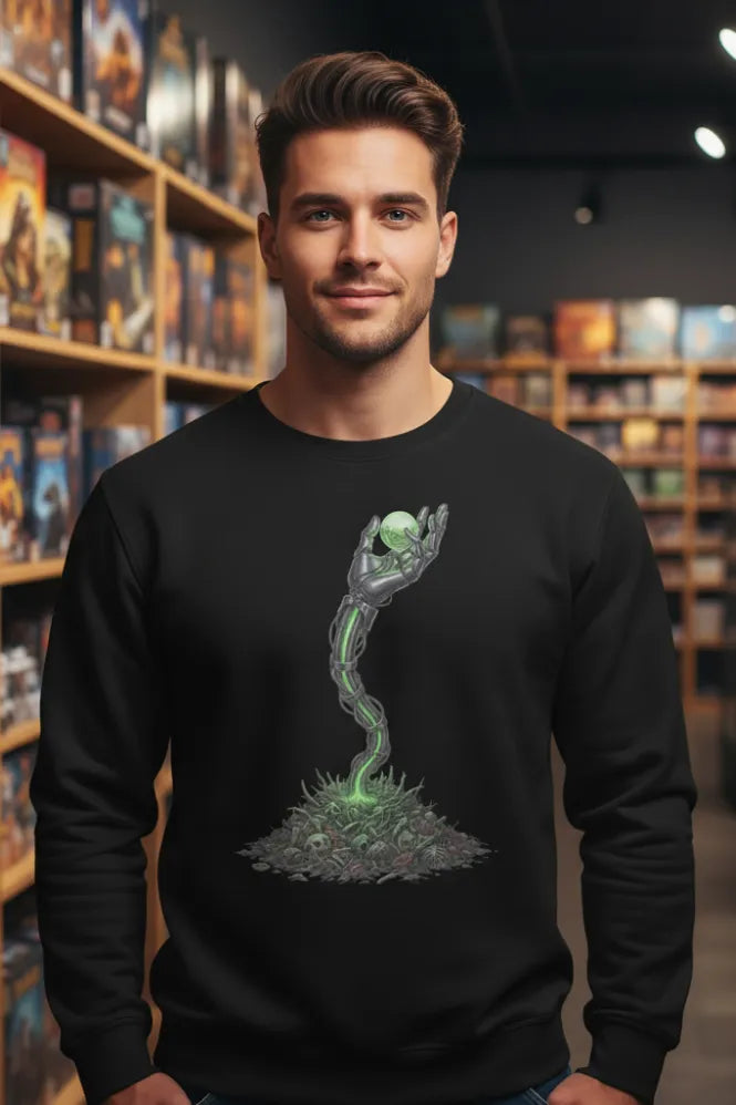 Man in black sweatshirt with graphic of a robotic hand holding a glowing orb above a pile of debris.