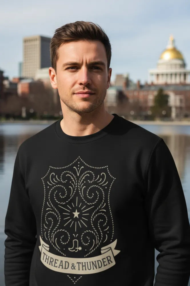 Man in charcoal grey organic cotton sweatshirt, harsh noon sun casting deep shadows, a single loose thread on the cuff.