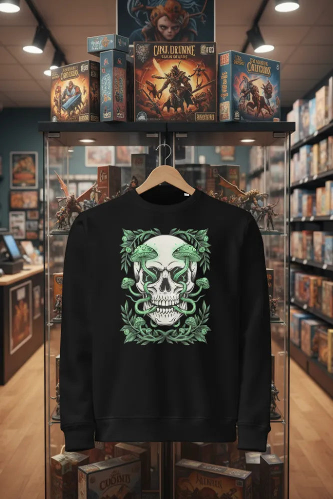 Verdant Skull organic sweatshirt, deep forest green, textured cotton, harsh overhead light casting sharp shadows.