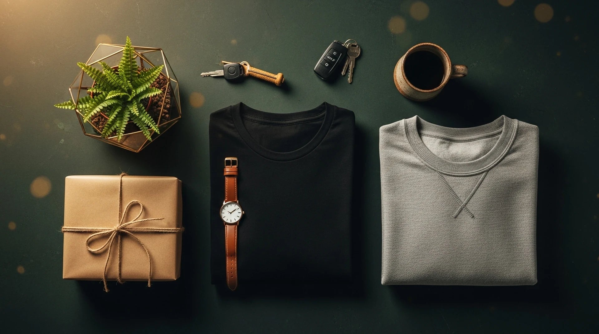 Father's Day gift flat-lay — organic cotton tee and sweatshirt with gift box, watch and plant, Design Delight Studio