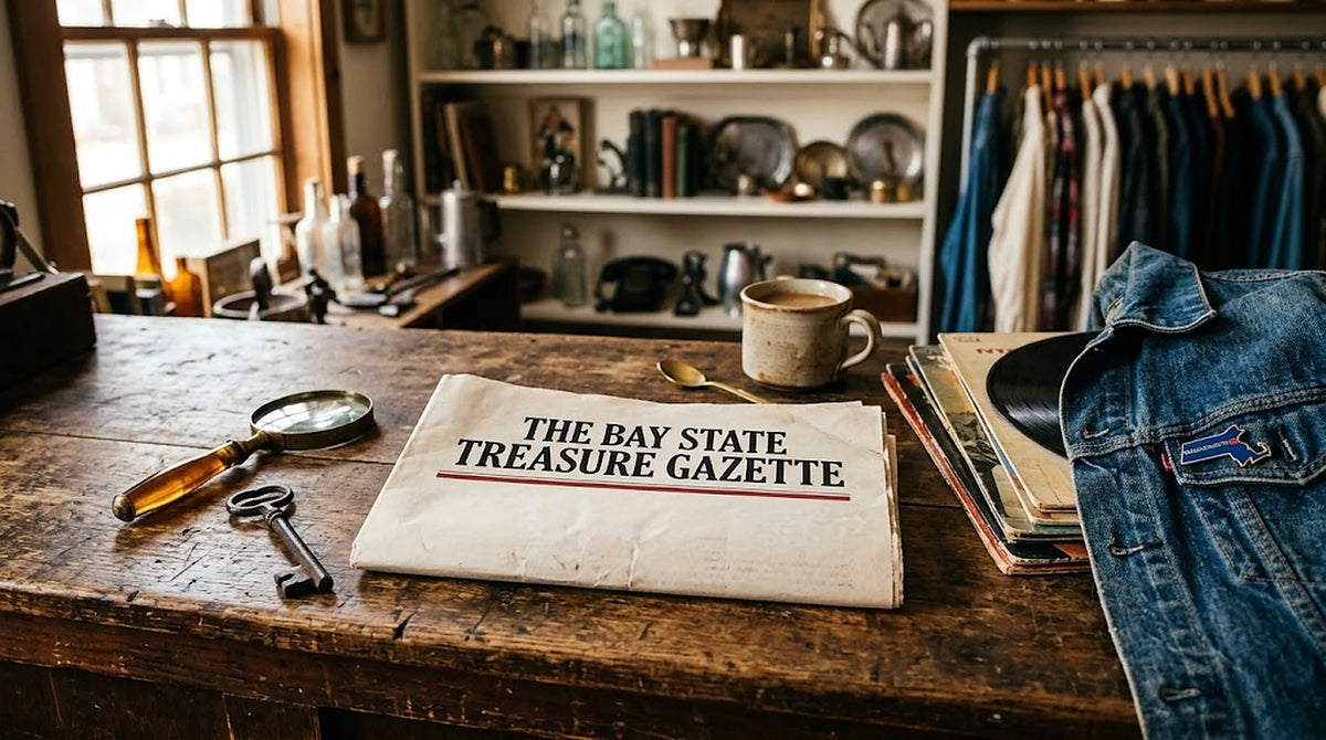 The Bay State Treasure Gazette — a folded copy of the Massachusetts thrift and vintage directory on the counter of a New England antique shop, with a brass magnifying glass, an old key, vintage records and a denim jacket.