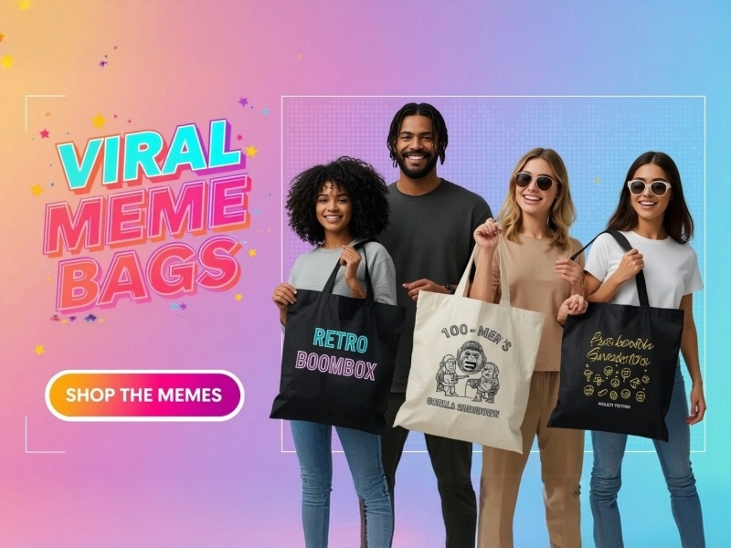 Trending organic tote bags banner – premium cotton canvas totes with viral design themes in teal and gold text.