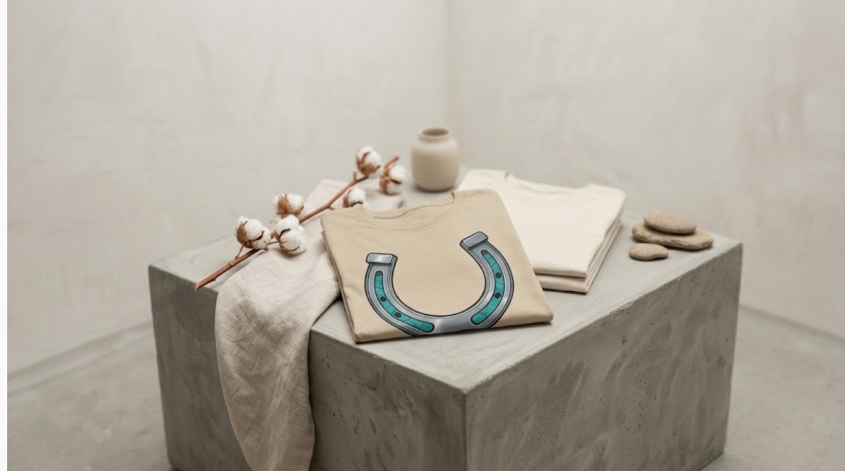 Organic cotton tee folded on a concrete plinth with cotton stem and linen, from the Design Delight Studio range priced under $35