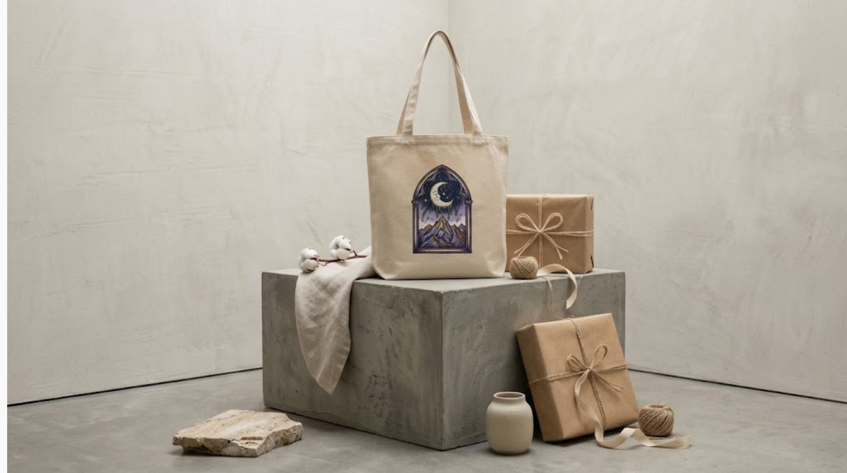 Organic cotton tote presented on a concrete plinth with kraft-paper parcels tied in twine, from the Design Delight Studio gift range