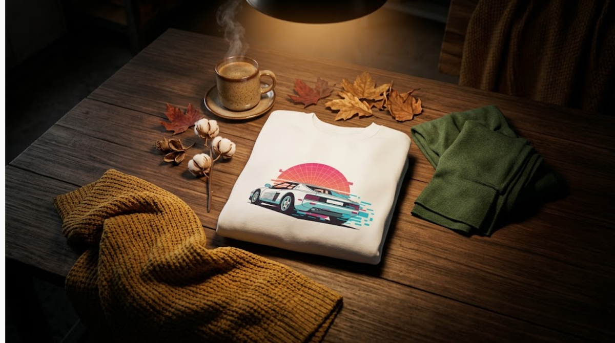 Organic cotton sweatshirt folded on a dark wood table with autumn leaves and a stoneware mug, from the Design Delight Studio seasonal range