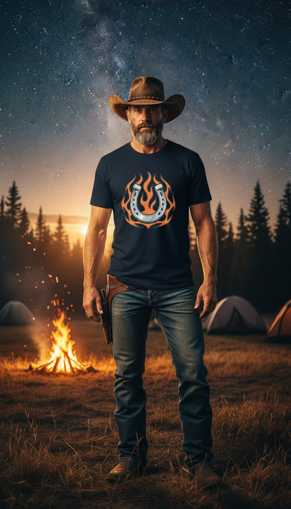 Neon Tribal Horseshoe Organic Cotton T-Shirt - Cowboy Model in Campfire at Night - 90s Retro Sustainable
