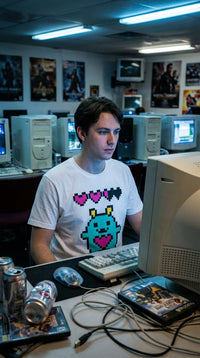 Organic Cotton T‑shirt – Unisex Pixel Creature Health Bar Tee - Dial-Up Era in Internet Cafe - Eco-Aesthetic Lifestyle
