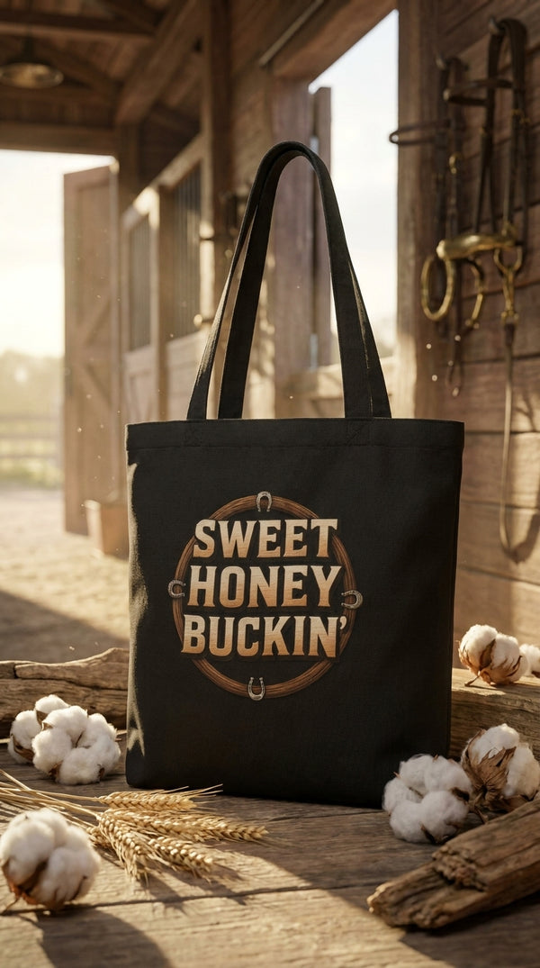 Sweet Honey Buckin' | Certified Organic Cotton Tote Bag - GOTS Certification Hero in Horse Stable - Eco-Aesthetic Lifestyle