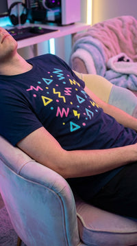 Neon Memphis Organic Cotton T-Shirt - Cozy Plus Gamer in Living Room - 90s Grunge Revival