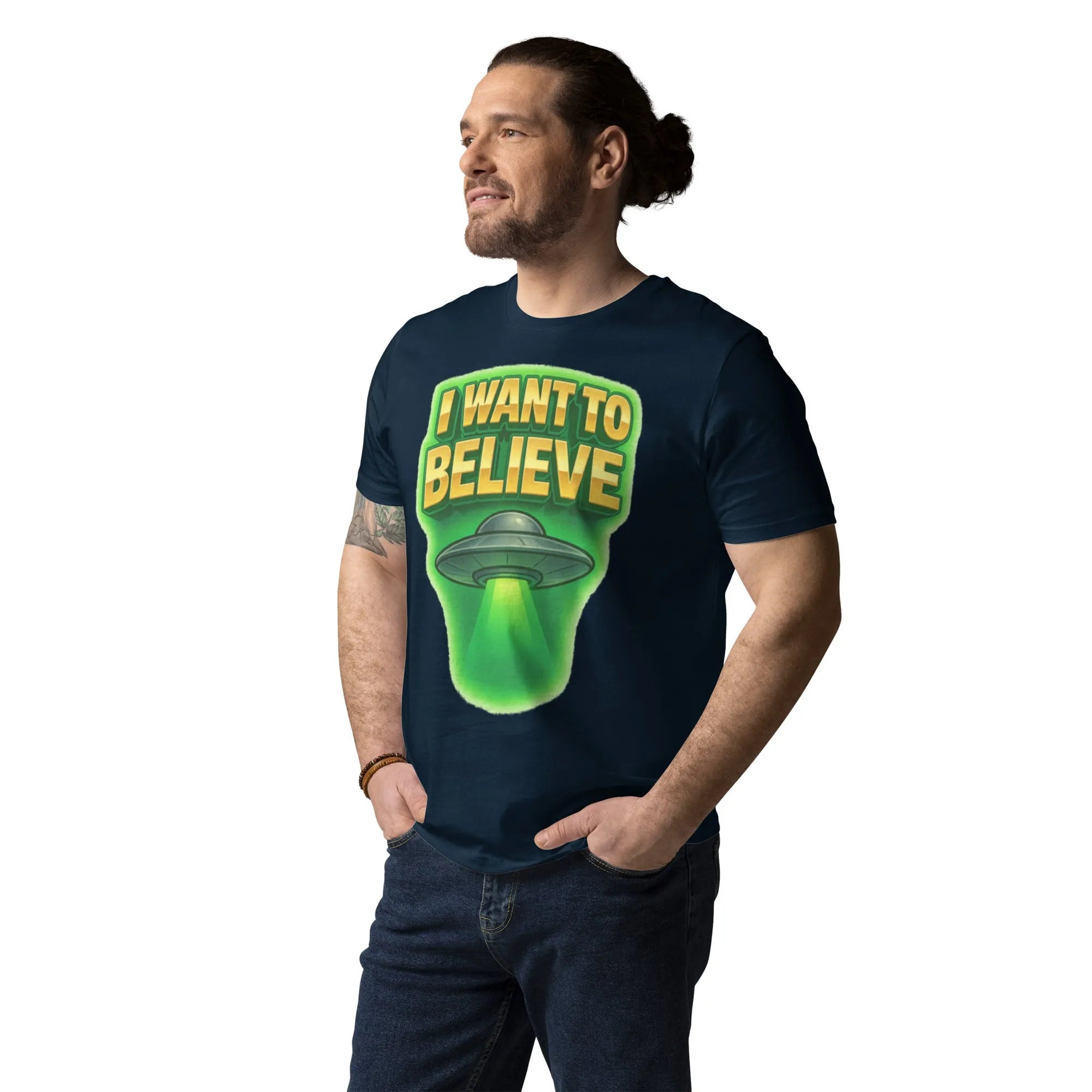 "I Want To Believe" UFO Organic Cotton T-Shirt - Sustainable Organic Design | Detailed Alternative View