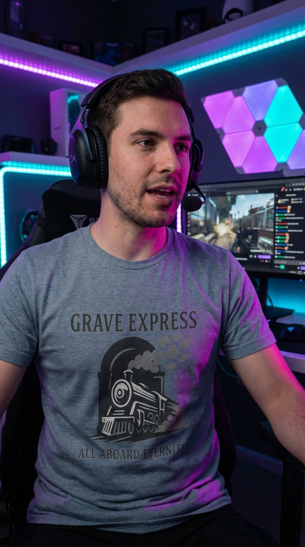 Organic Cotton T-Shirt Unisex Grave Express Tee - Male Streamer in RGB Gaming Room - Card Shop Duel