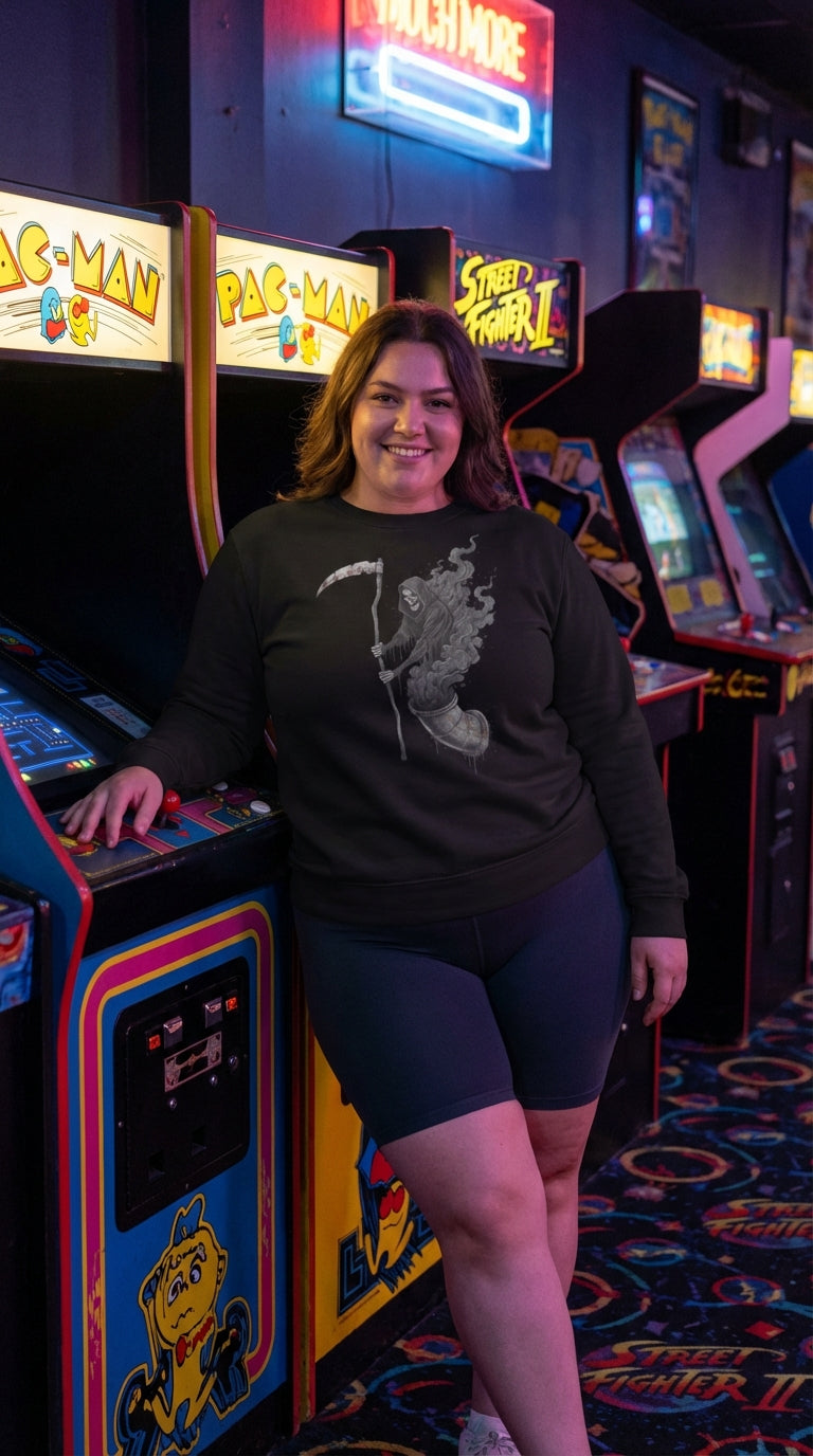 Grim Reaper Rising Organic Crewneck Sweatshirt - Retro Plus Arcade in Neon Arcade Alley - Legendary Pull