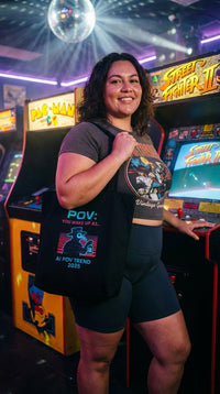 Organic Cotton Tote VHS Retro Plague Doctor POV - Retro Plus Arcade in Roller Rink - Eco-Aesthetic Lifestyle