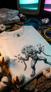 Unleashed Werewolf GOTS-certified organic cotton tee worn in a 90s lan party — 90s retro sustainable