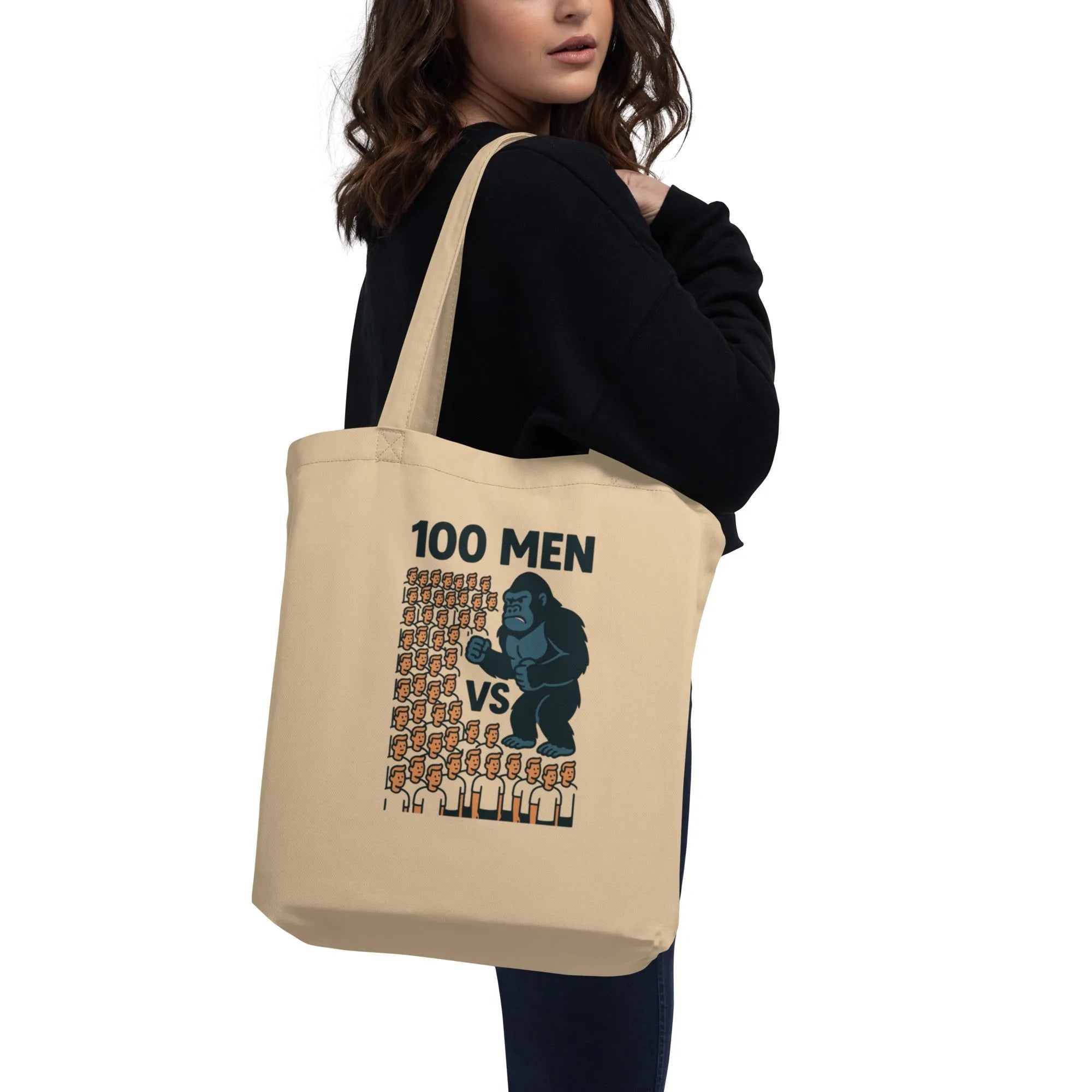 100 Men vs Gorilla Organic Tote Bag | GOTS Certified Cotton - Sustainable Organic Design | Primary Flat-lay Front View