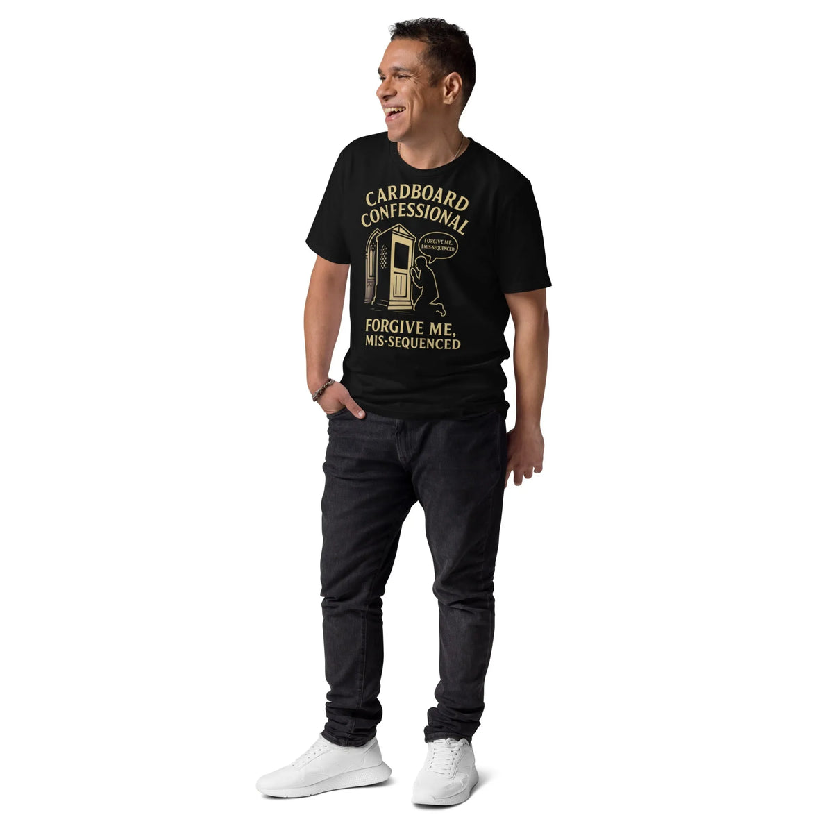 Cardboard Confessional | Organic Cotton Gamer Streetwear Tee - Sustainable Organic Design | Primary Mockup Front View