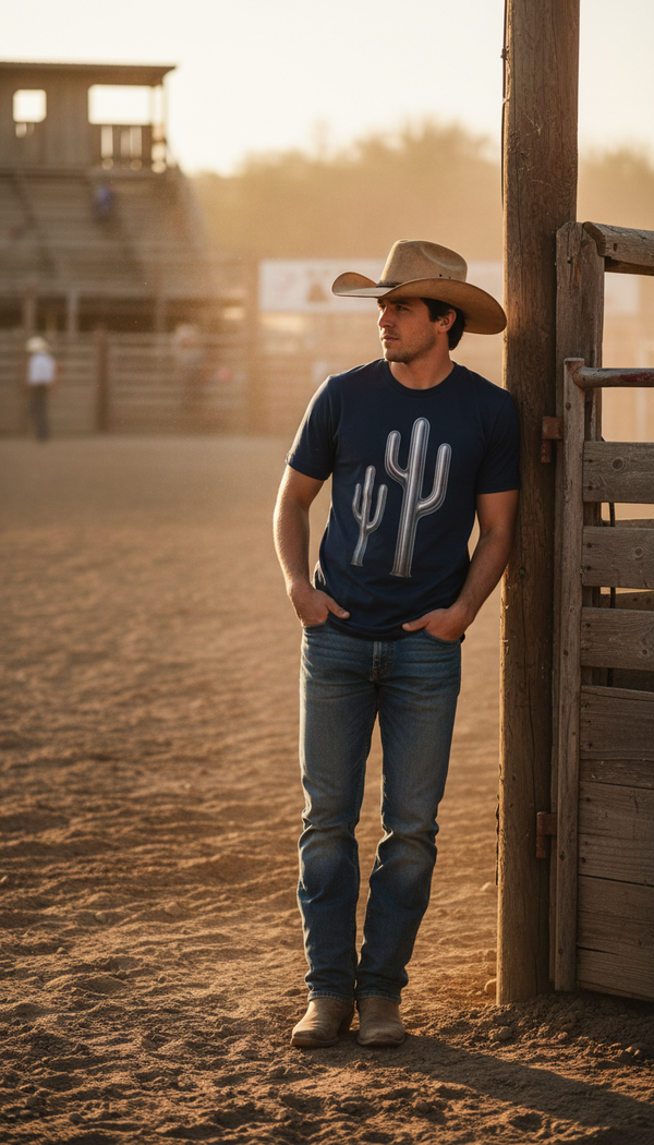 Chromed Saguaro Cacti – Western Organic Cotton T-Shirt - Rodeo Spectator in Rodeo Arena - 90s Retro Sustainable