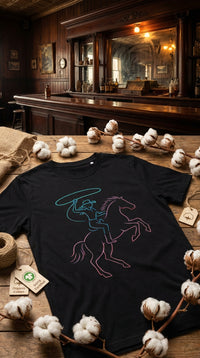 Organic Cotton T‑shirt – Neon Cowgirl and Bucking Horse - GOTS Certification Hero in Saloon Interior - 90s Retro Sustainable