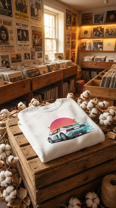Synthwave 80s Car Organic Sweatshirt - Hero in Vintage Record Store - 90s Retro Sustainable