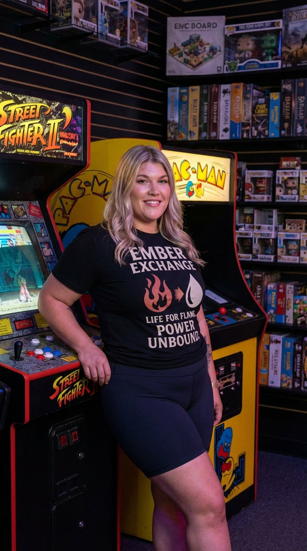 Ember Exchange Flame Power Organic T-Shirt - Retro Plus Arcade in Local Game Store - Mana Color Aesthetic
