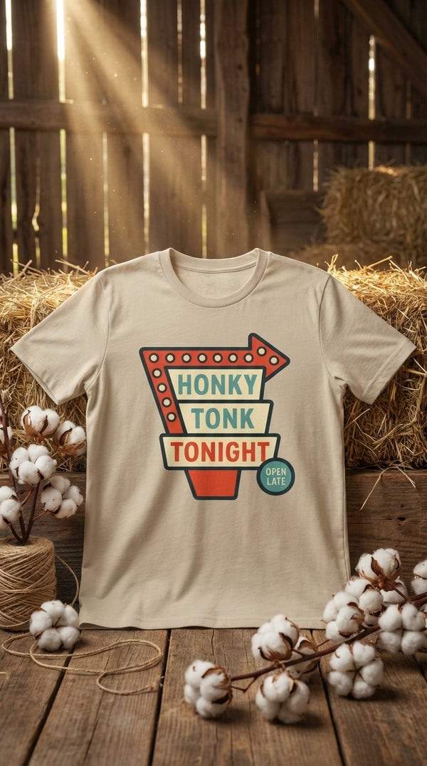 Honky Tonk Tonight – Organic Cotton Western Graphic Tee - GOTS Certification Hero in Rustic Barn - 90s Retro Sustainable